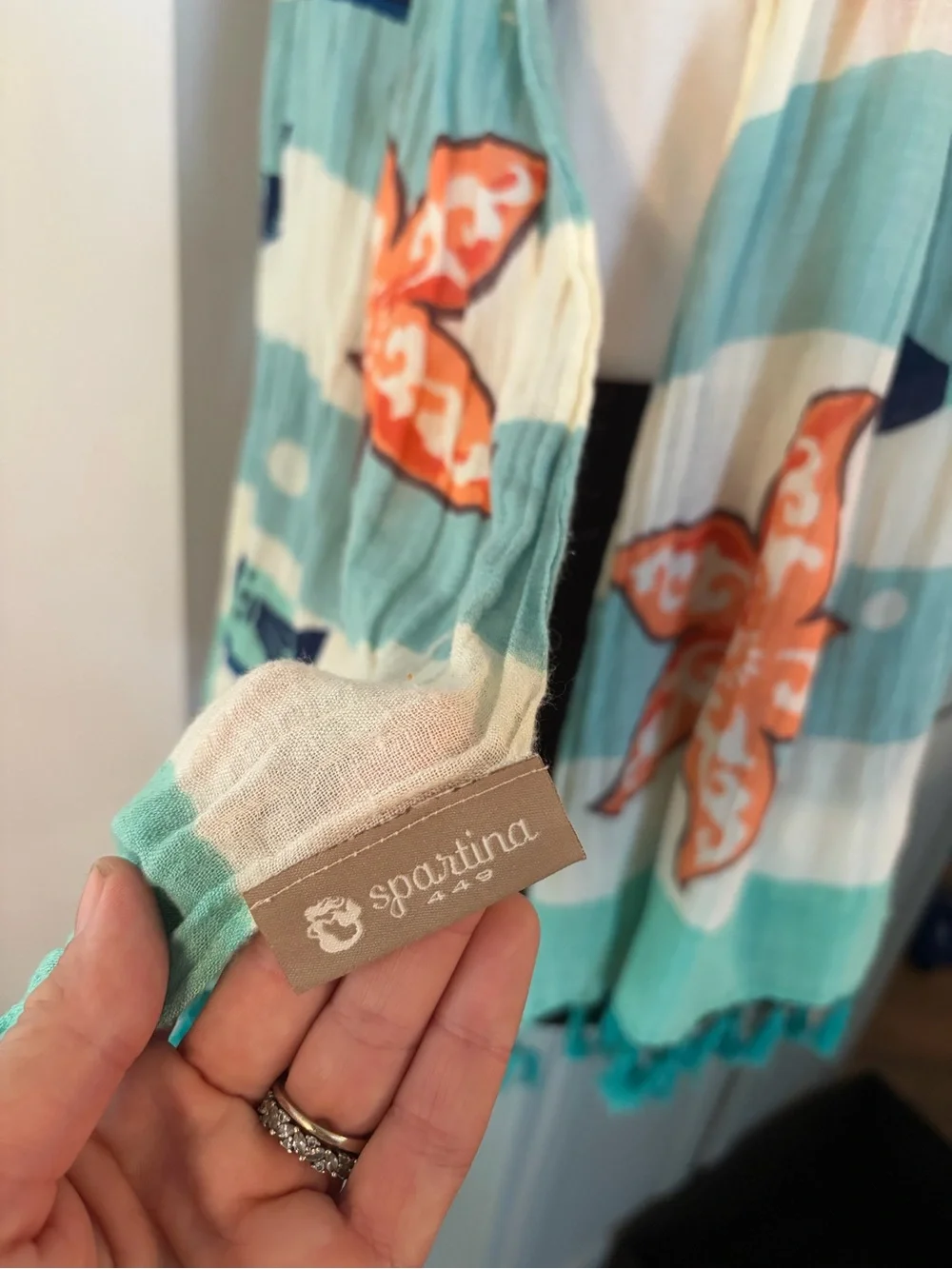 Spartina 449 Teal Navy Coral Fish Motif Linen Wrap